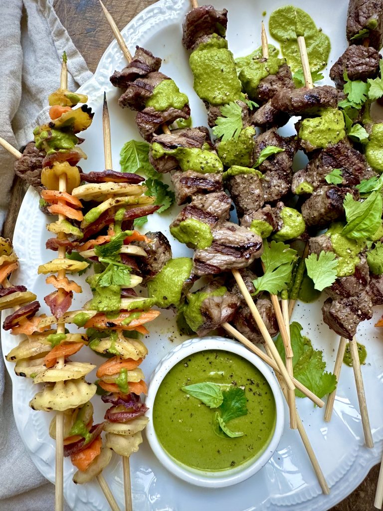 Grilled Steak & Rainbow Carrot Chips Kabobs with Spicy Green Sauce | Cal-Organic Farms